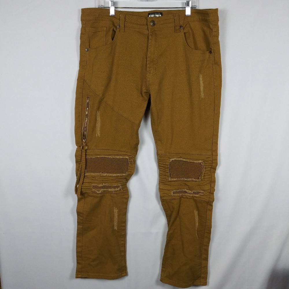 Gray Earth Jeans Men's 38 x 32 Distressed Grunge Hip Hop Brown Zipper